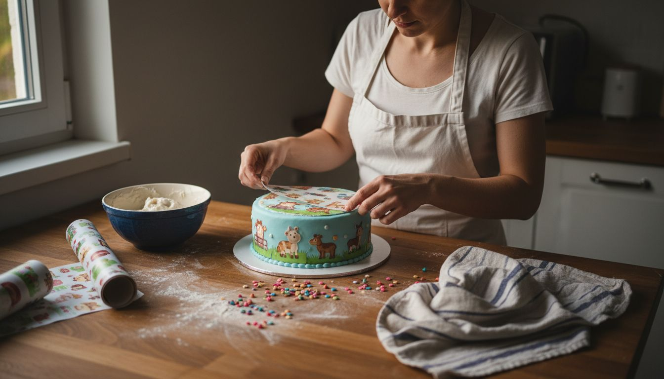 Senhora a decorar um bolo infantil com folha comestível