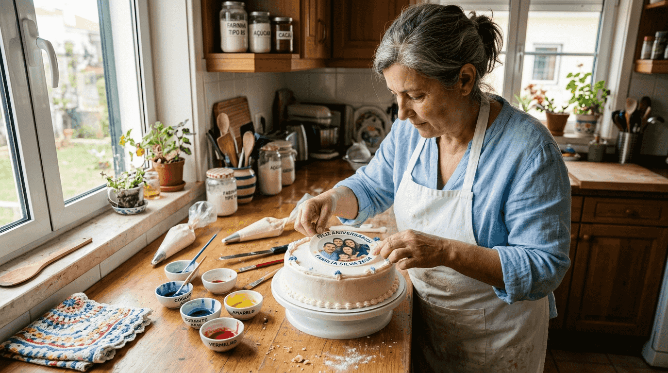 Pastelheira a colocar uma imagem comestível sobre um bolo