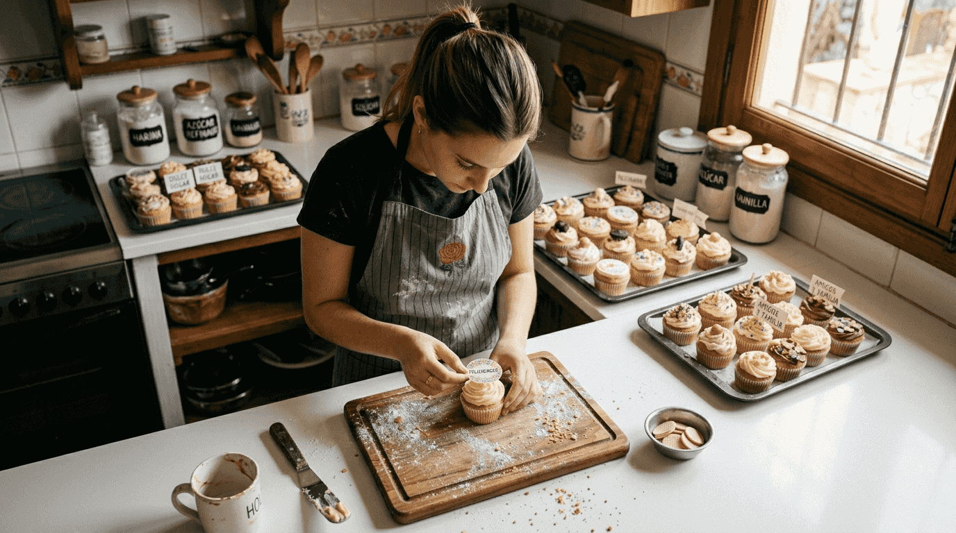 Una repostera decora un cupcake casero colocando una oblea por encima.