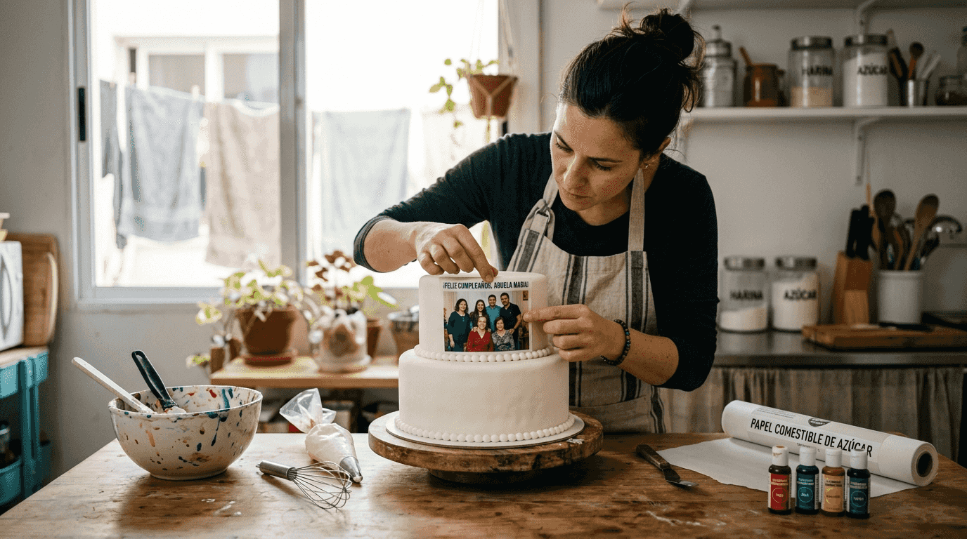 Pastelera colocando una imagen comestible sobre una tarta