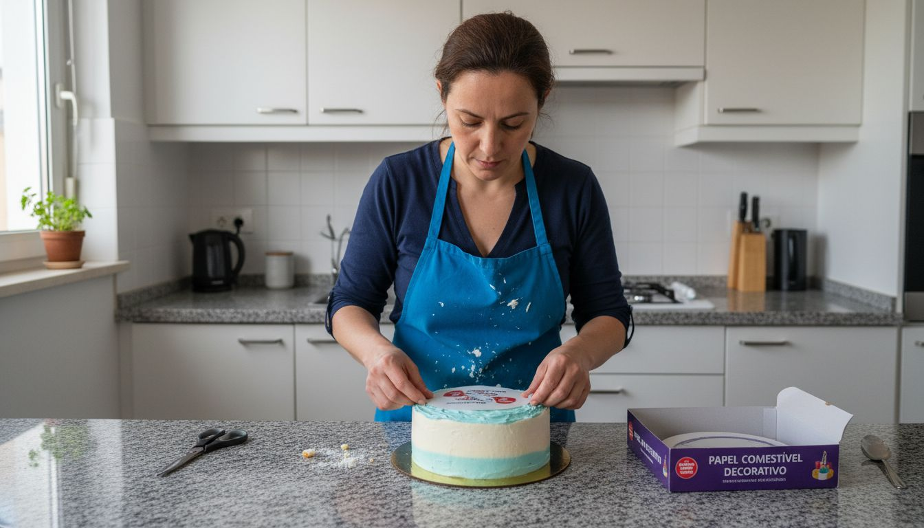 Pasteleira a aplicar papel comestível na decoração de um bolo