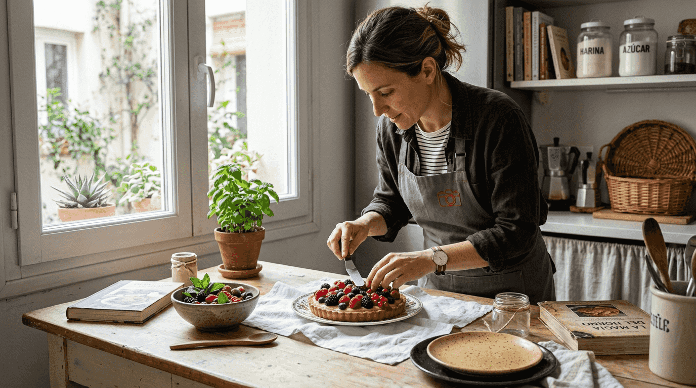 Una fotógrafa aprovecha la luz natural de la ventana para preparar un postre.