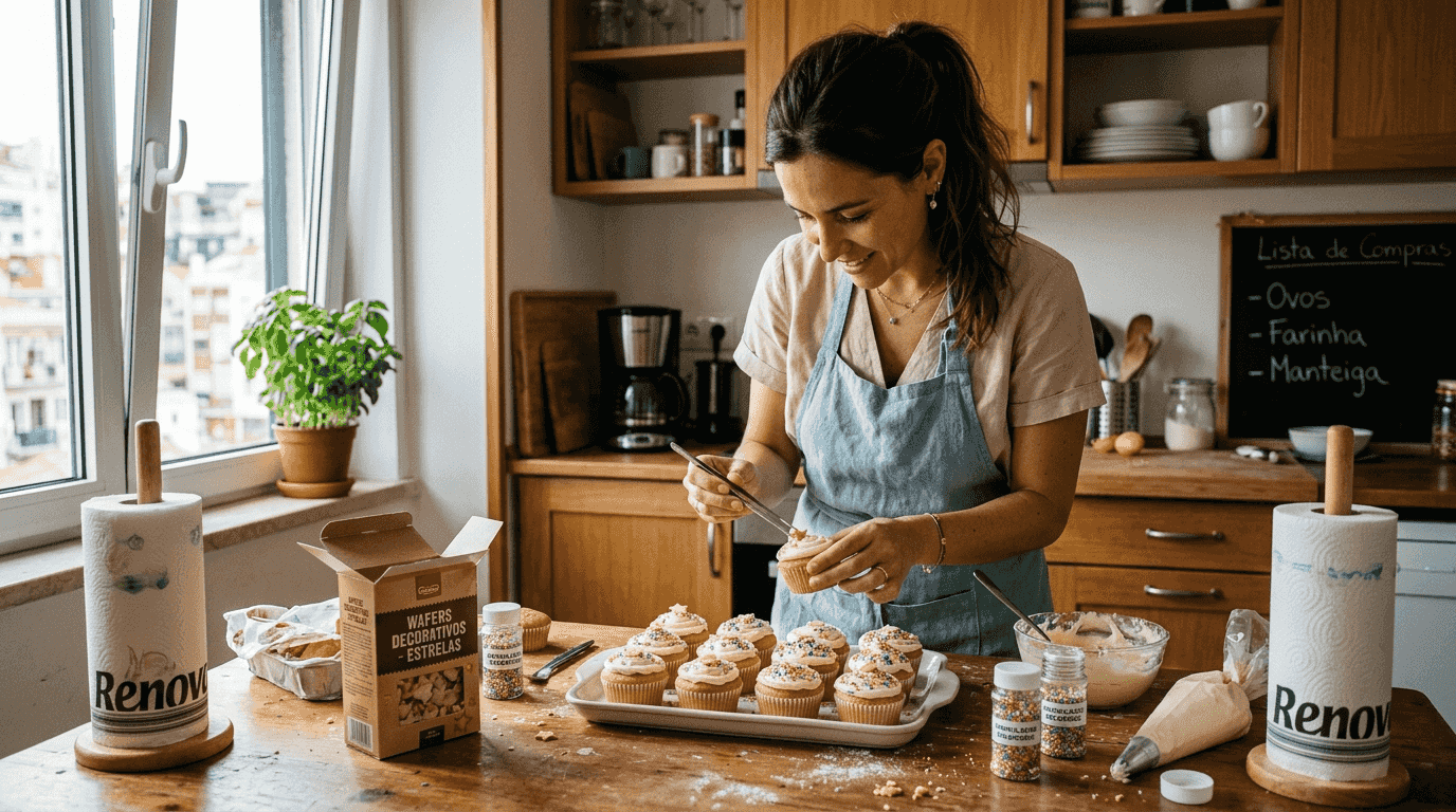 Uma mulher aplica obleias decorativas em cima de queques.