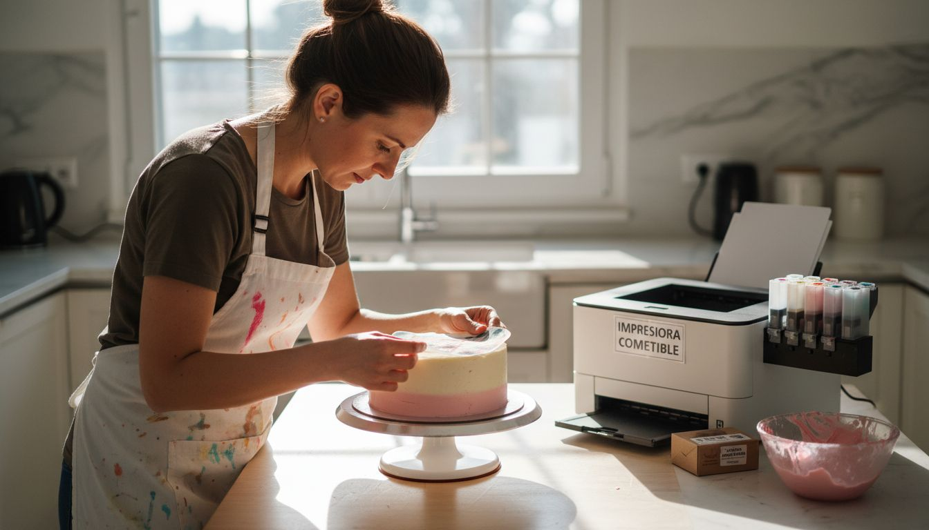 Repostera comprobando las impresiones comestibles antes de decorar la tarta