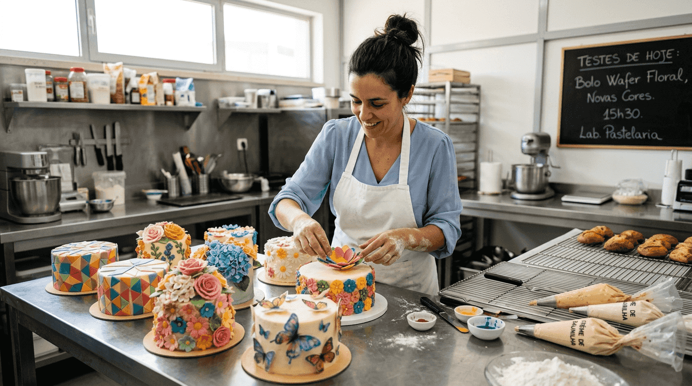 Chef pasteleiro a organizar bolos decorados com bolacha wafer