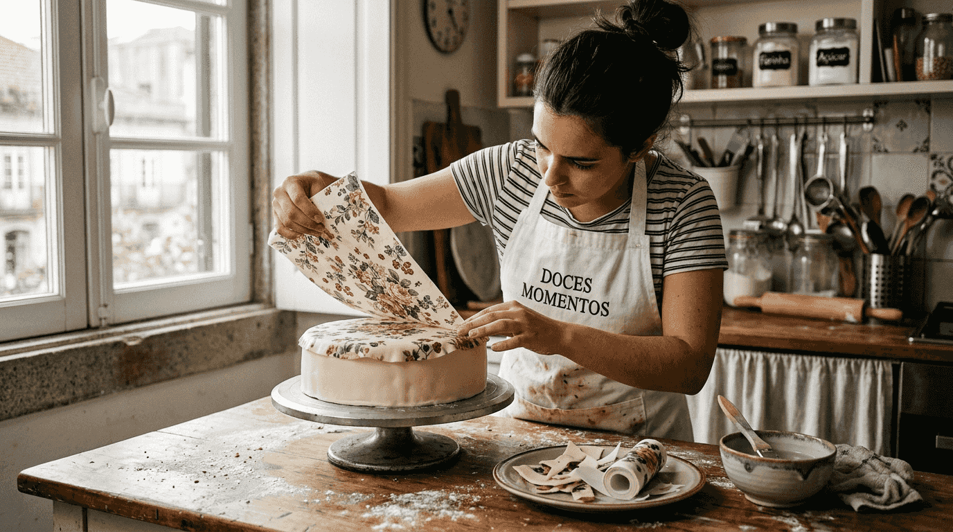 Confeiteira decora bolo com folha comestível