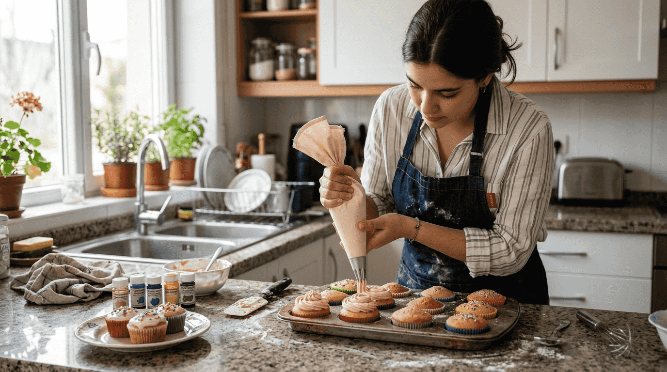 Una pastelera decorando cupcakes en la cocina de su casa