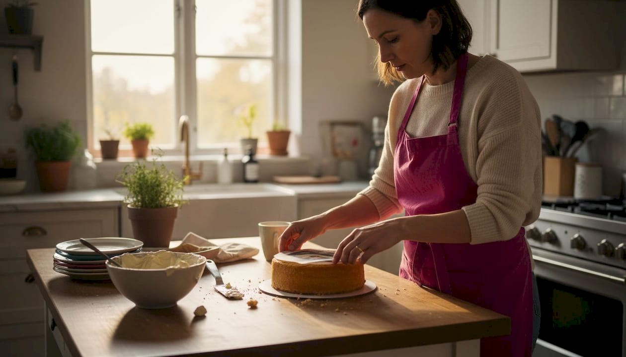 Una mujer decora un pastel en la cocina colocando un diseño comestible sobre él.