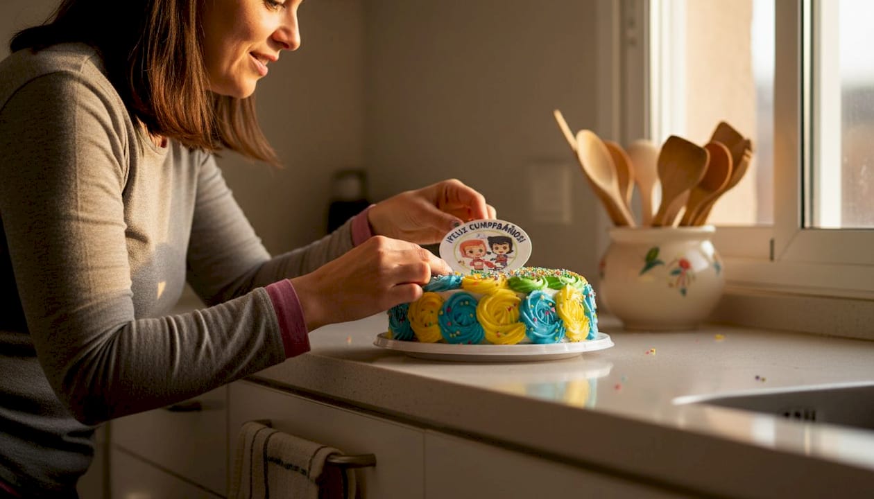 Una madre prepara una tarta infantil y la decora con una oblea de dibujos animados.