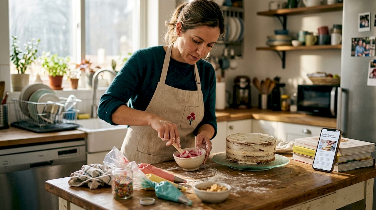 Una mujer decora un pastel en la cocina de su casa, rodeada del ambiente familiar.