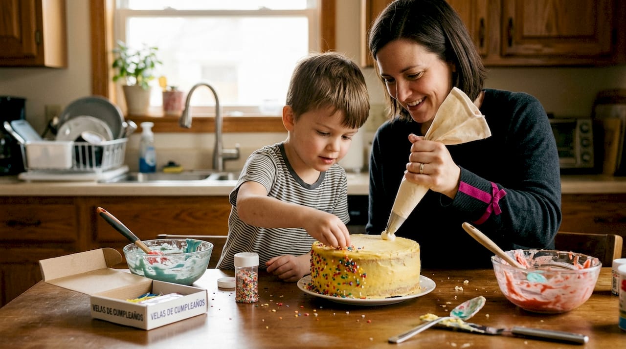 Una familia reunida en la cocina, dando el toque final a un pastel hecho en casa.