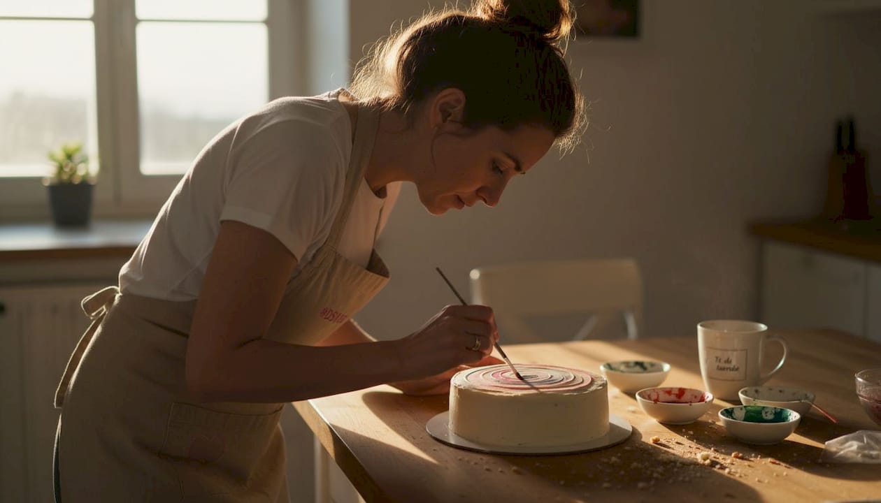 Pastelera decorando una tarta con tinta comestible