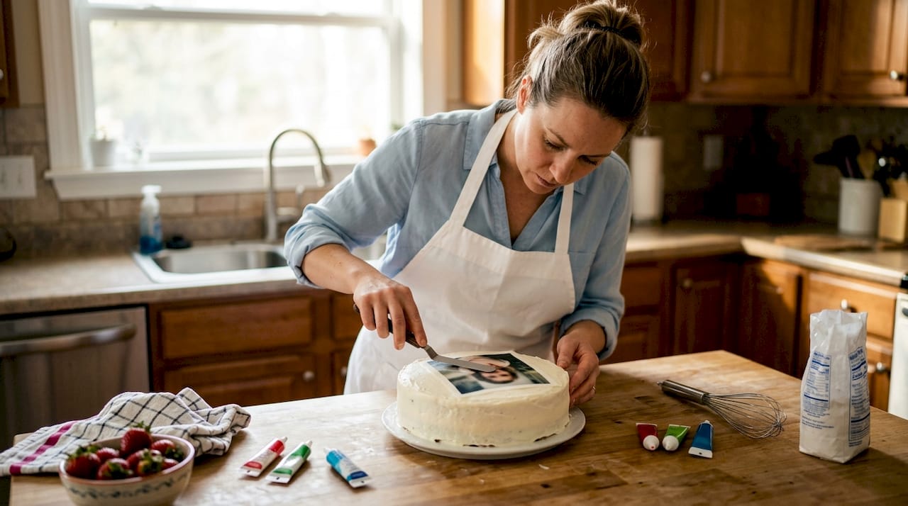 El chef coloca una imagen comestible sobre una tarta personalizada.