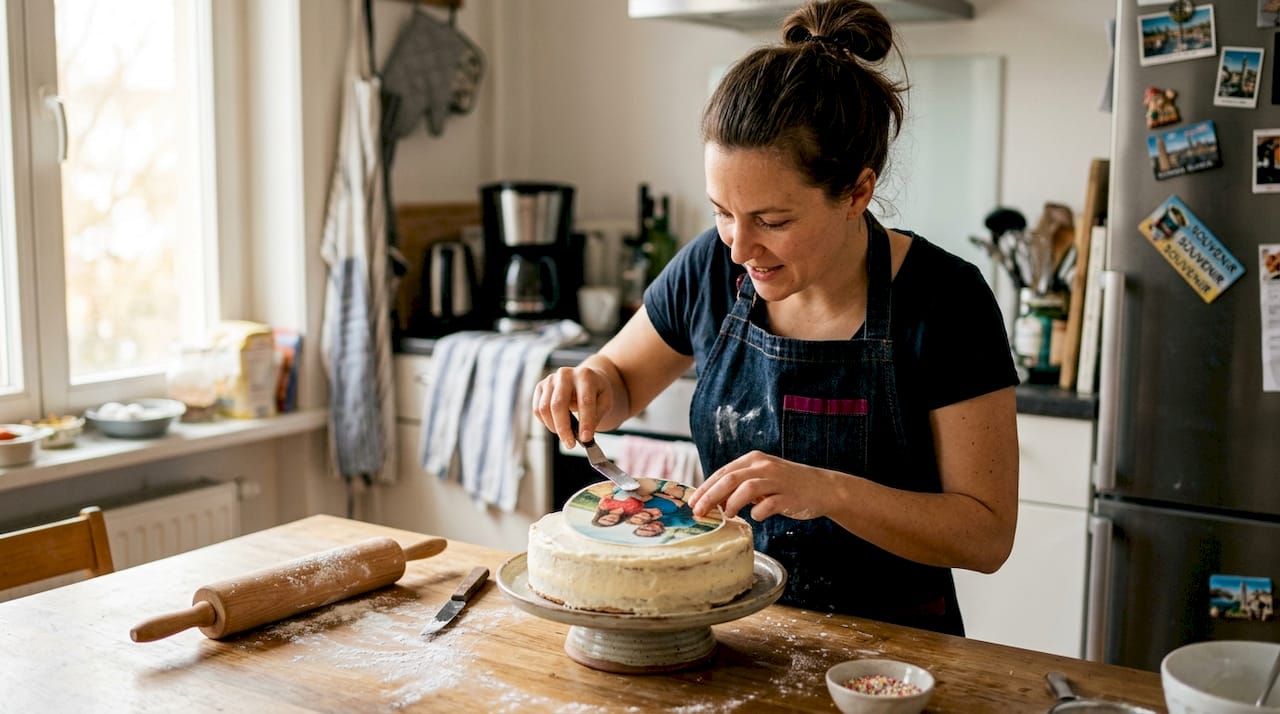 Pastelera decorando un pastel casero con una oblea personalizada