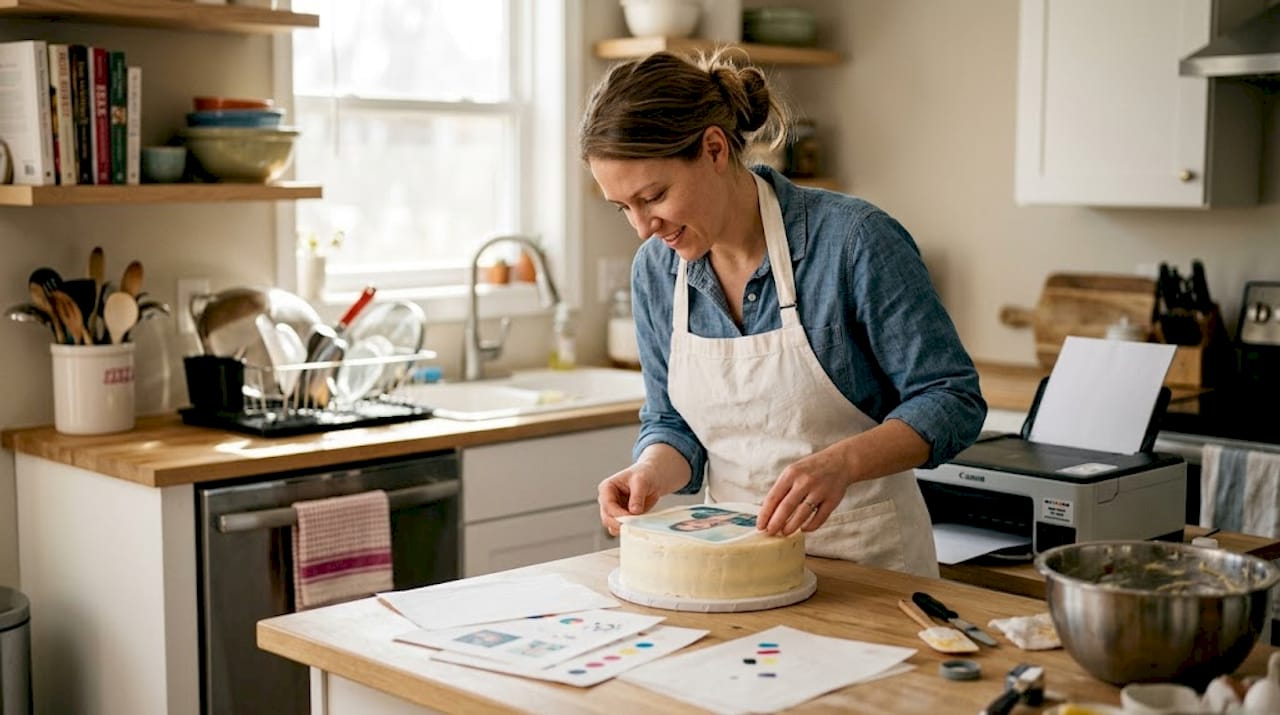 Pastelera coloca una imagen comestible sobre el pastel