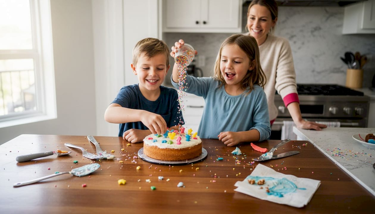 Un grupo de niños se divierte decorando juntos un pastel de cumpleaños.