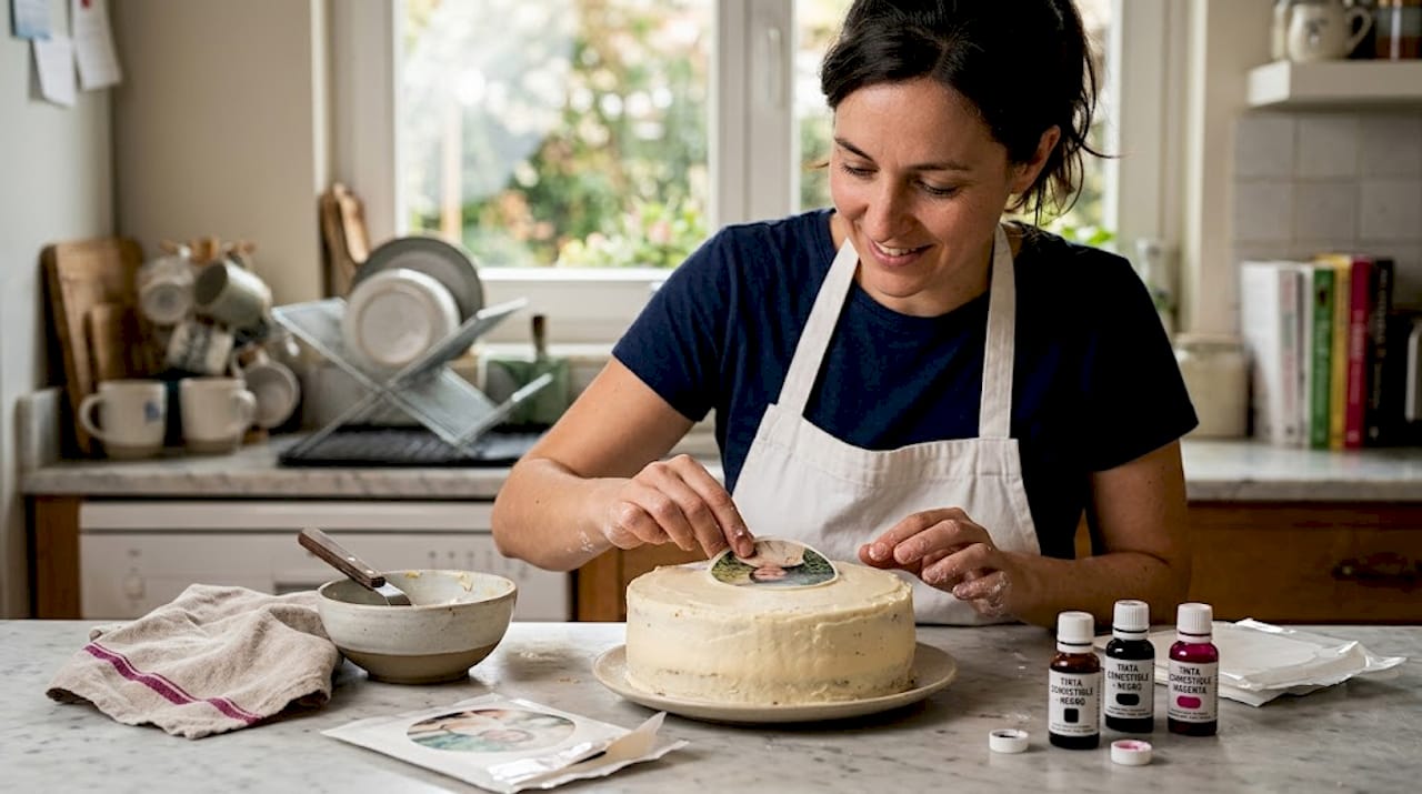 Mujer colocando una imagen comestible sobre una tarta hecha en casa
