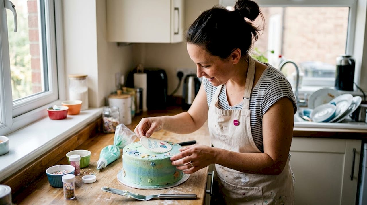 Una mujer decora una tarta colocando una oblea sobre ella.