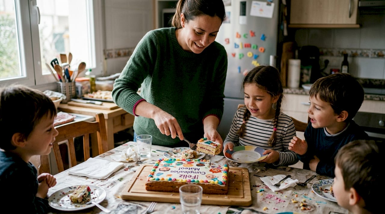 Compartiendo pastel y obleas con niños que no pueden ocultar su alegría.