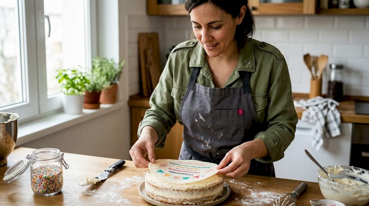 Una mujer colocando una oblea personalizada sobre una tarta para decorarla