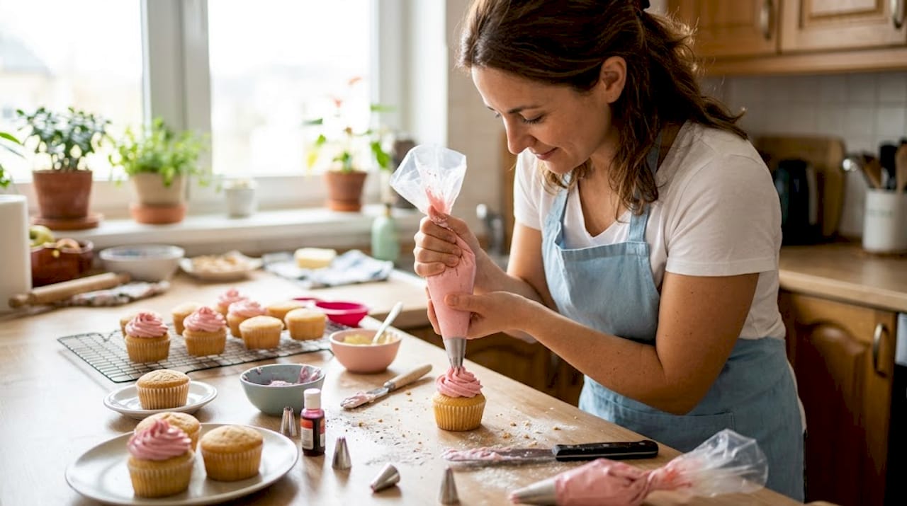 Chef preparando y decorando cupcakes originales en su cocina