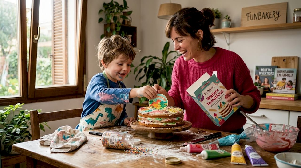 Familia decorando una tarta con obleas temáticas