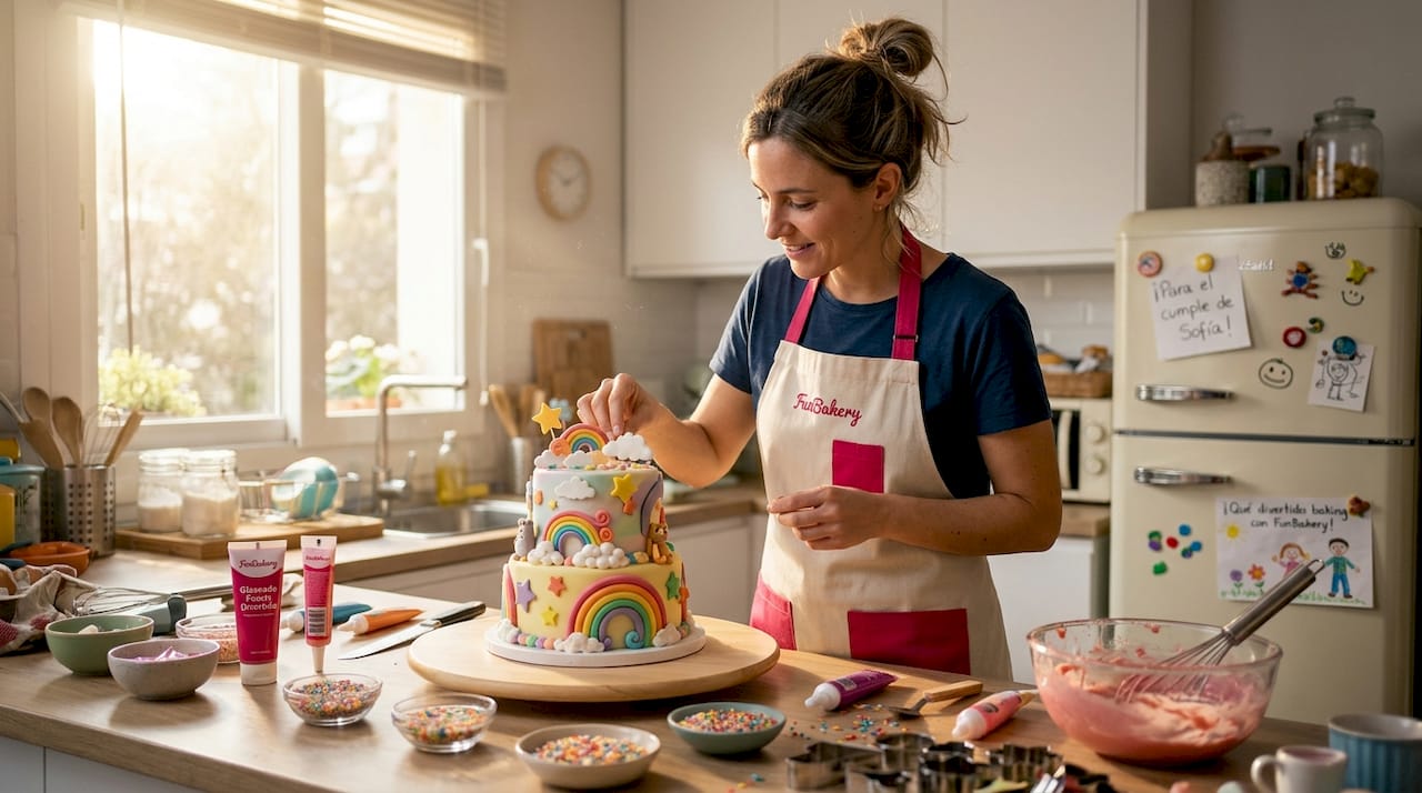 Una mujer prepara y decora la tarta de cumpleaños de sus hijos en casa.