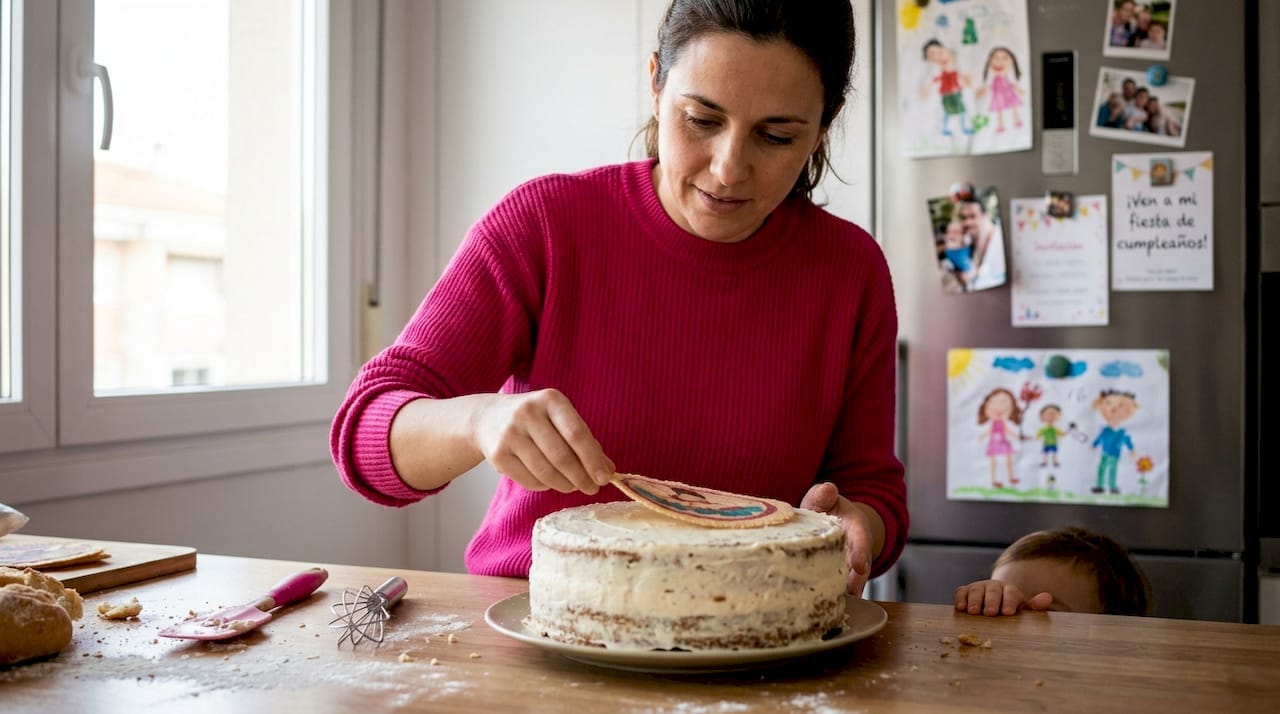 Una mamá decorando el pastel de cumpleaños con una oblea temática