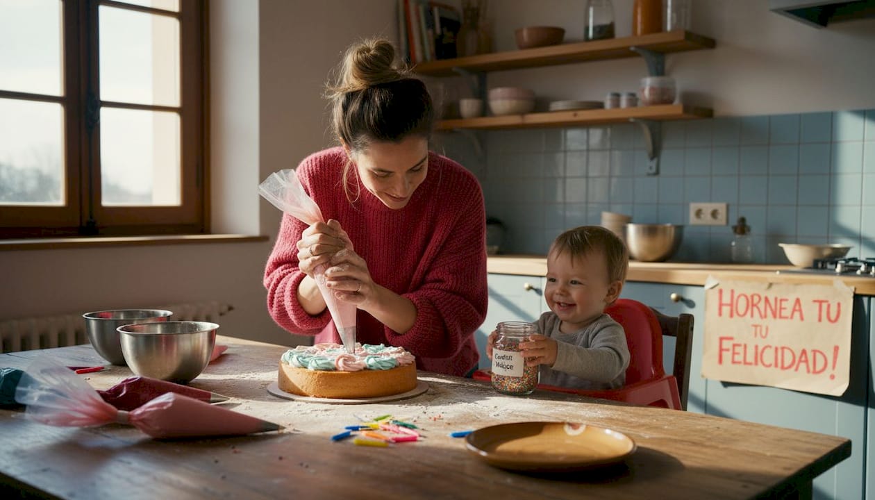 Una madre prepara con cariño la decoración de la tarta de cumpleaños en la cocina.