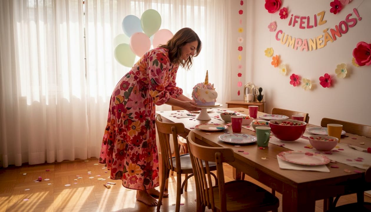 Una madre preparando la decoración para la fiesta de cumpleaños de su hija con temática de unicornios en casa.