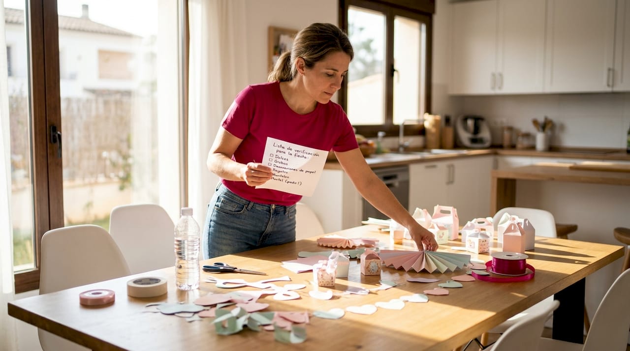 Mujer preparando una mesa de fiesta personalizada