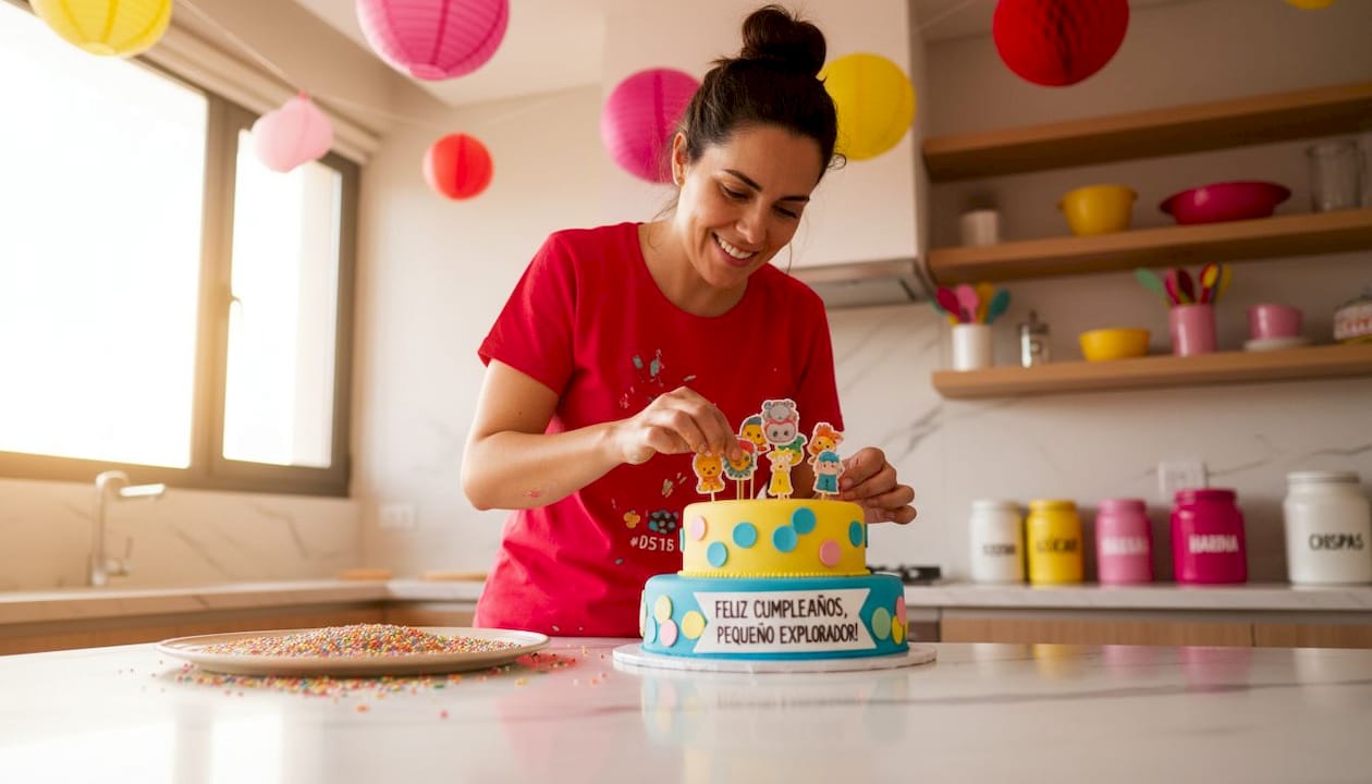 Una madre preparando una tarta para su hijo y decorándola con obleas de colores.