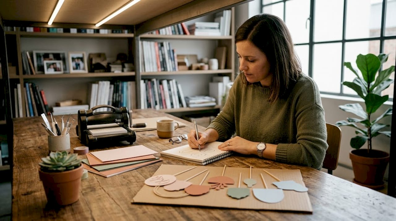 No conforto da sua casa, o designer desenha figuras para colocar em bolos, sentado à mesa onde costuma trabalhar.