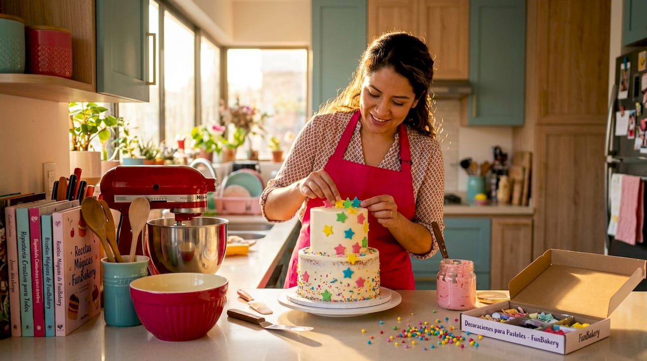 Mujer decorando una tarta personalizada en la cocina de su casa