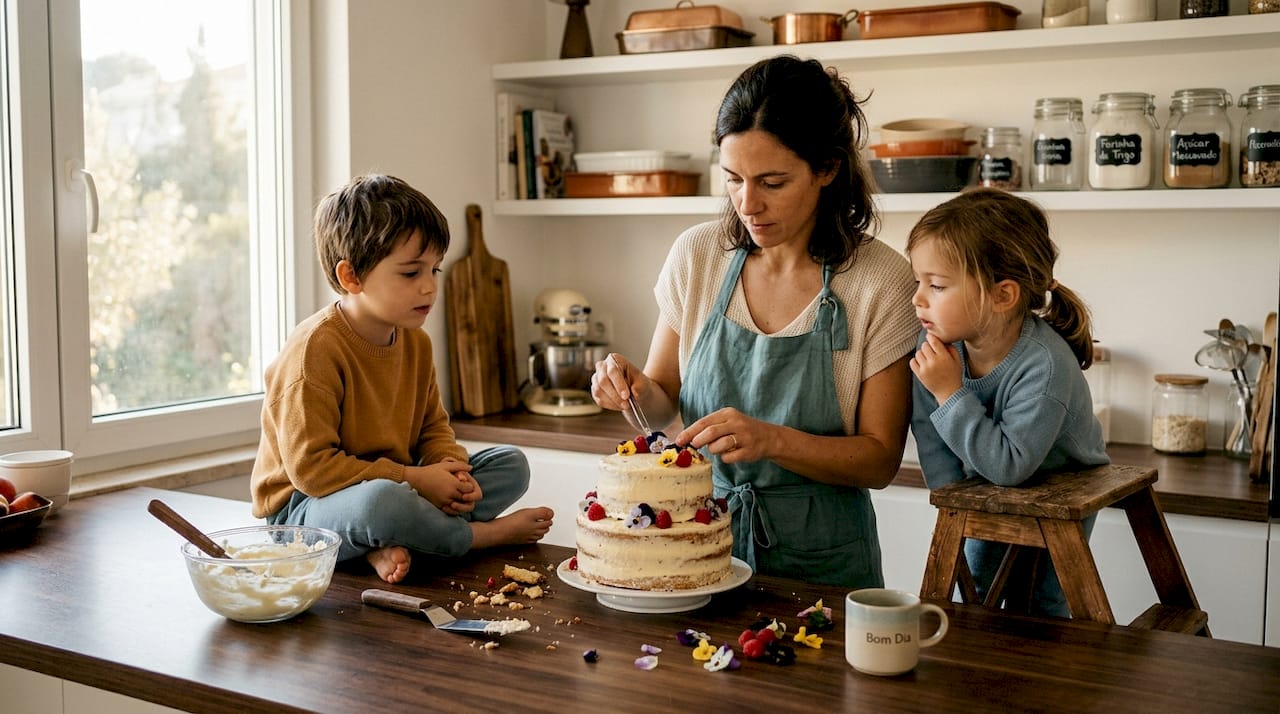 Família enfeita bolo com flores e frutos frescos e comestíveis