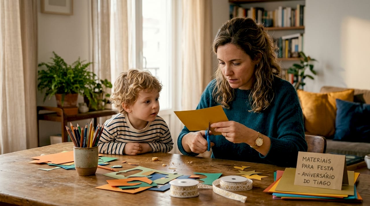 Mãe e filho juntam-se em casa para preparar a decoração da festa de aniversário.