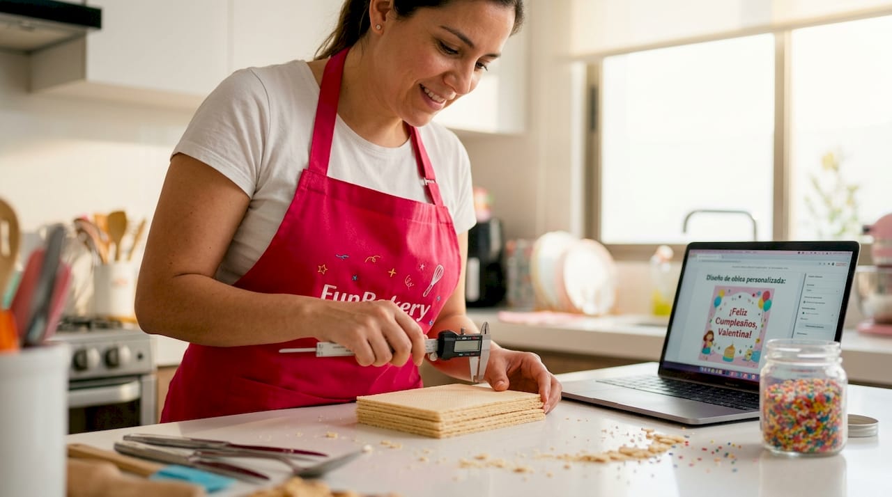 Una mujer organiza los materiales necesarios para imprimir obleas personalizadas.