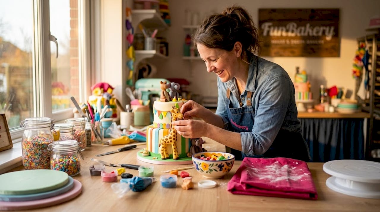 El pastelero decora la tarta infantil con una figura de animal hecha de fondant.