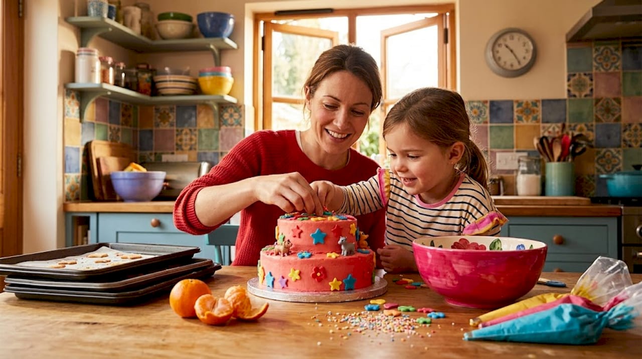 Una familia reunida en la cocina, decorando juntos el pastel de cumpleaños y compartiendo risas en un momento especial.