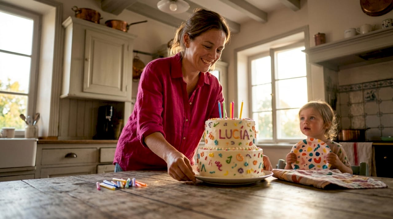 Una mujer coloca en la mesa de la cocina un pastel decorado con un nombre.