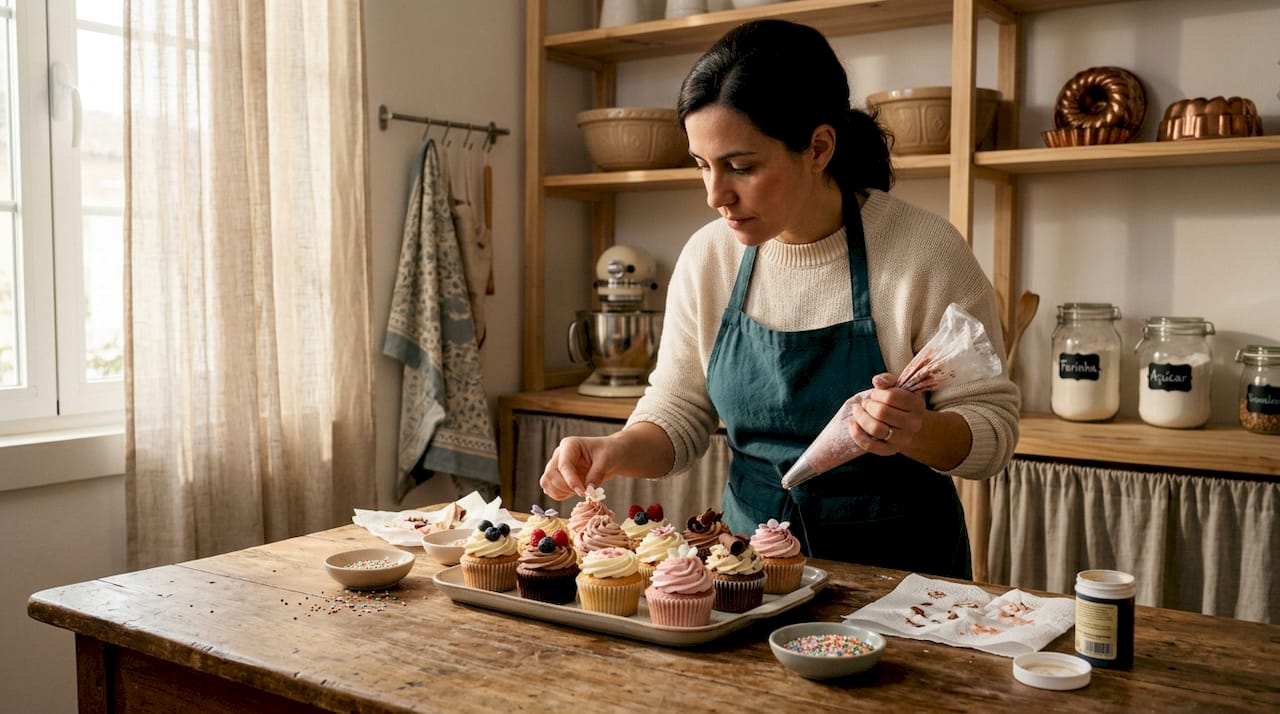 Uma mulher dispõe cuidadosamente cupcakes decorados em cima da mesa da cozinha.
