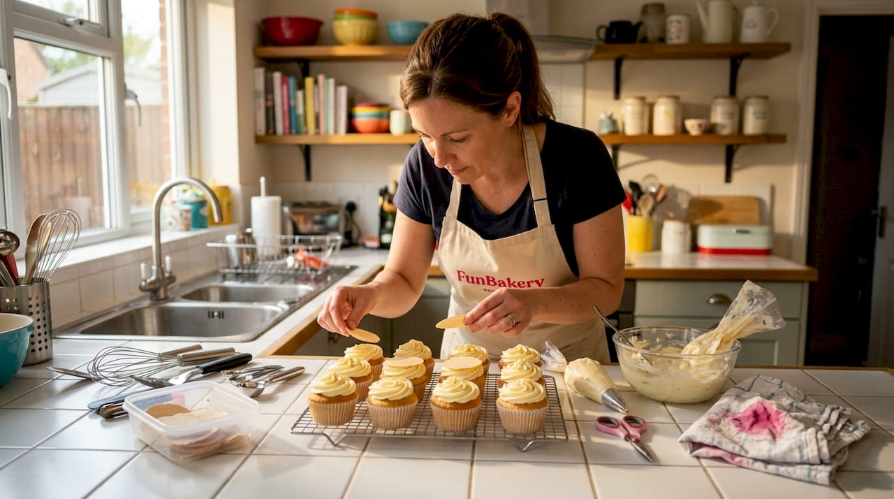 Una persona decorando magdalenas en su cocina con obleas comestibles.
