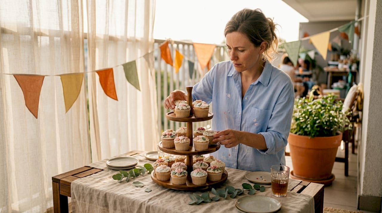 Mesa de festa decorada com cupcakes personalizados, dispostos de forma apelativa