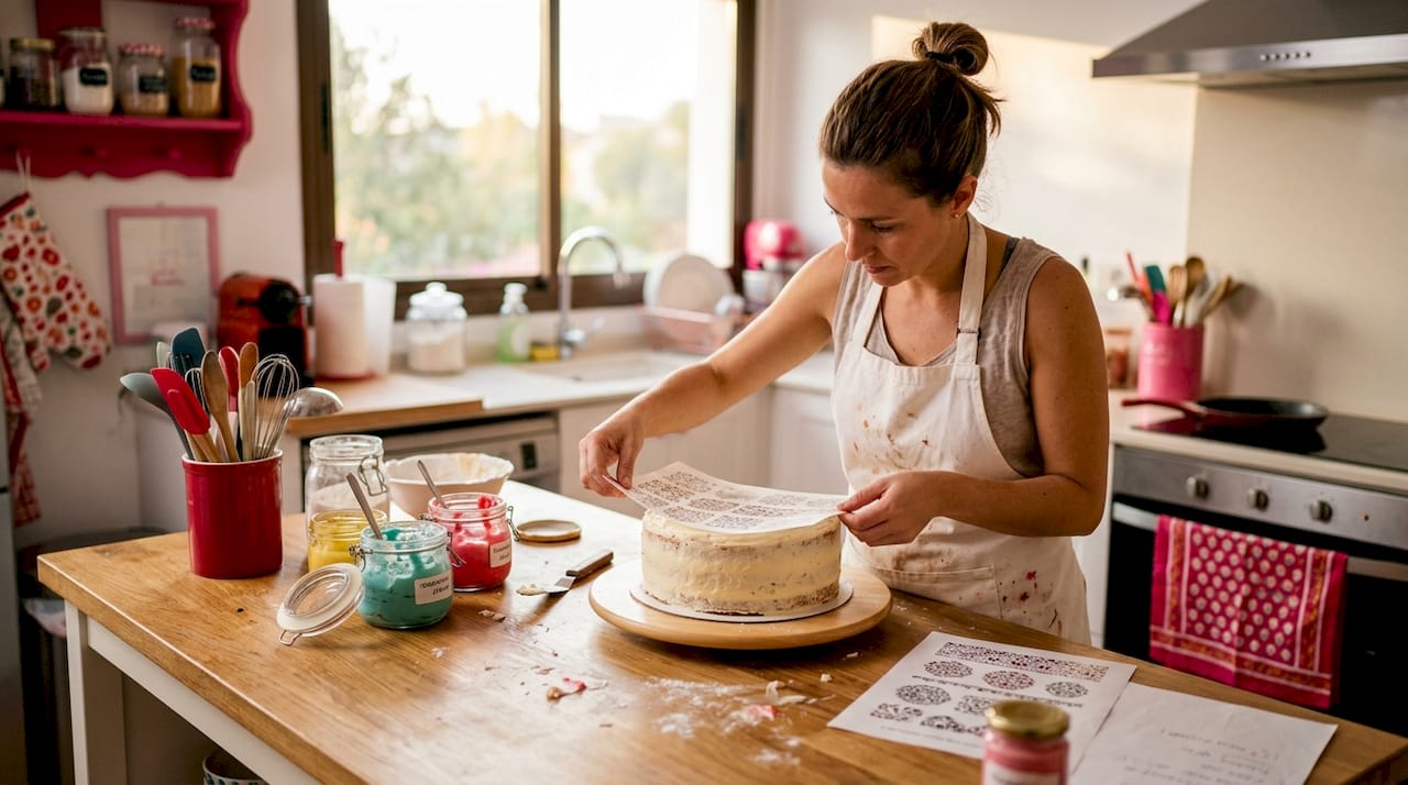 Pastelero colocando una lámina de azúcar sobre el pastel