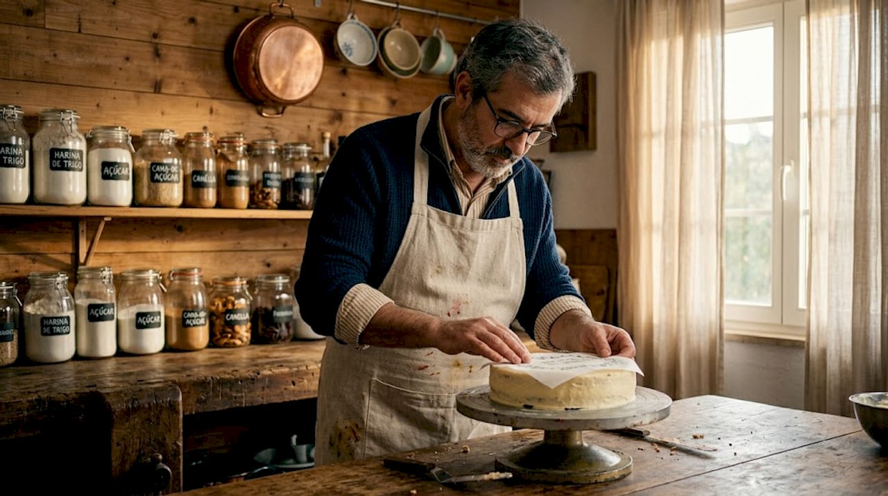O pasteleiro coloca uma folha de papel de açúcar sobre o bolo.
