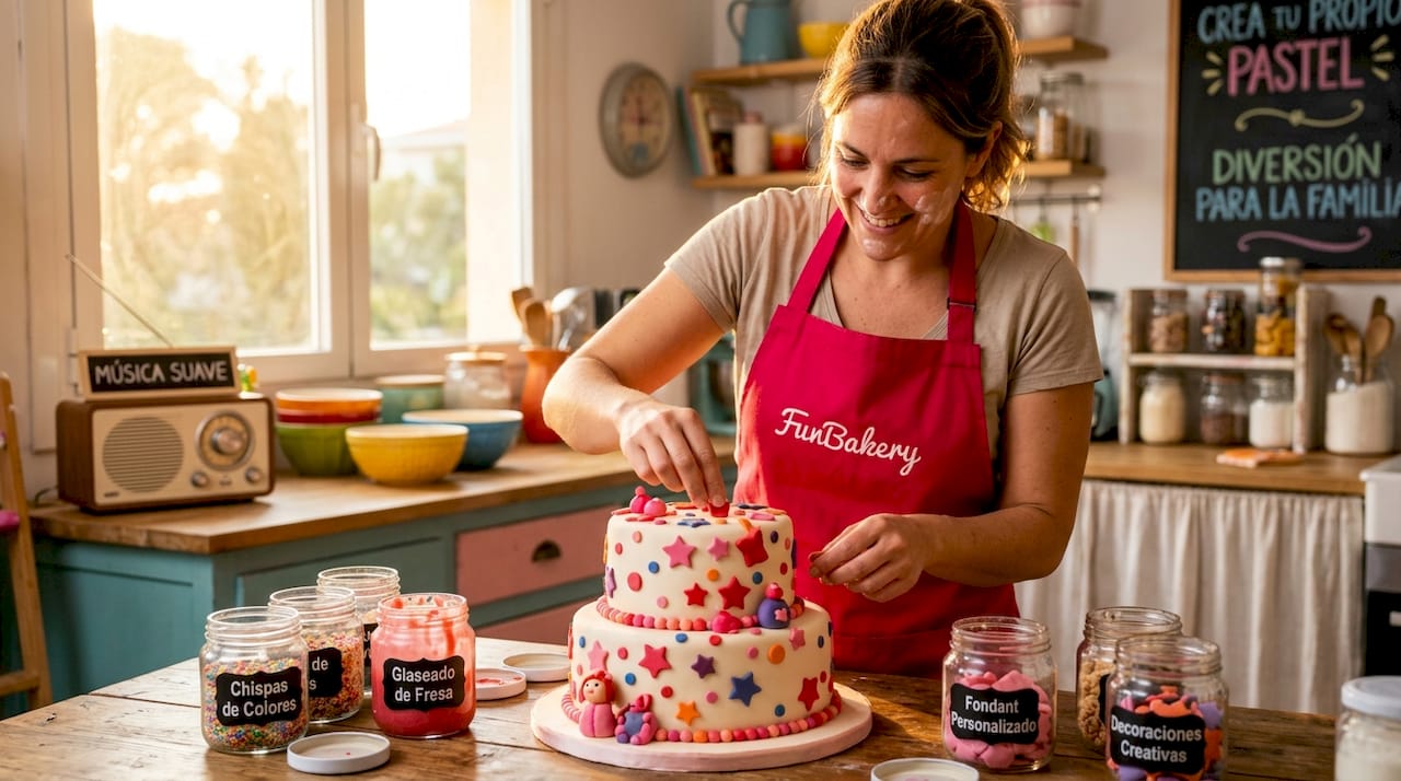 Una repostera decora una tarta de cumpleaños en la cocina de su casa.