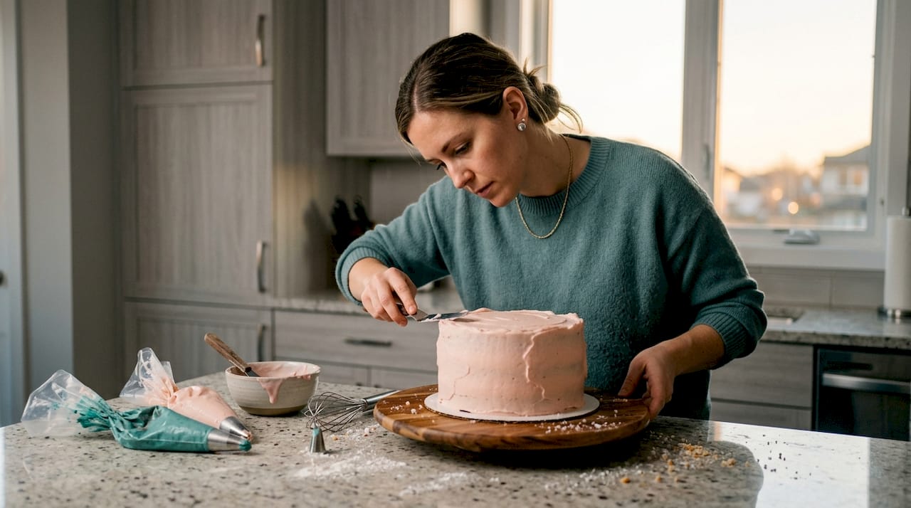 Numa cozinha cheia de luz, uma mulher dedica-se a decorar um bolo com todo o cuidado.