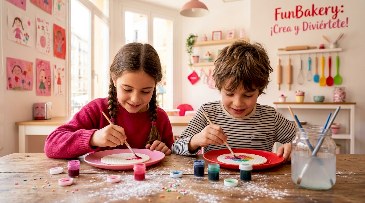 Un grupo de niños se divierte decorando obleas en la cocina de casa, rodeados de risas y creatividad.