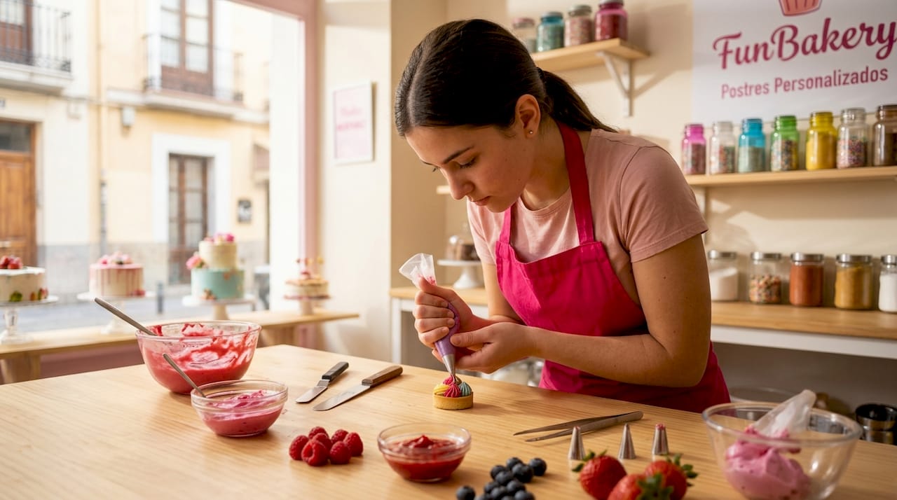 El chef da los últimos toques a un postre en miniatura en su pastelería.