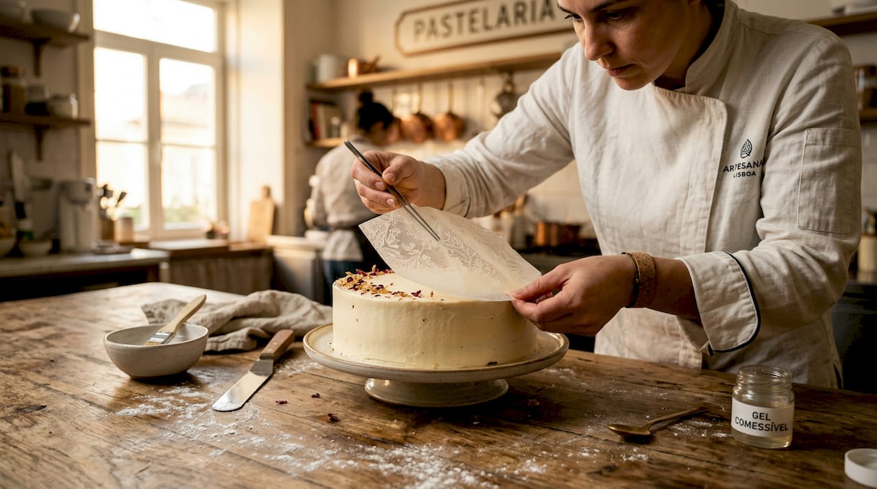 Chef a decorar um bolo com folha de arroz comestível